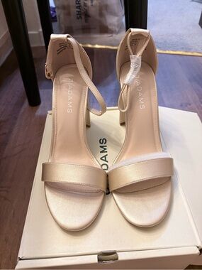 J. Adams Champagne Satin Ankle-Strap Block Heels